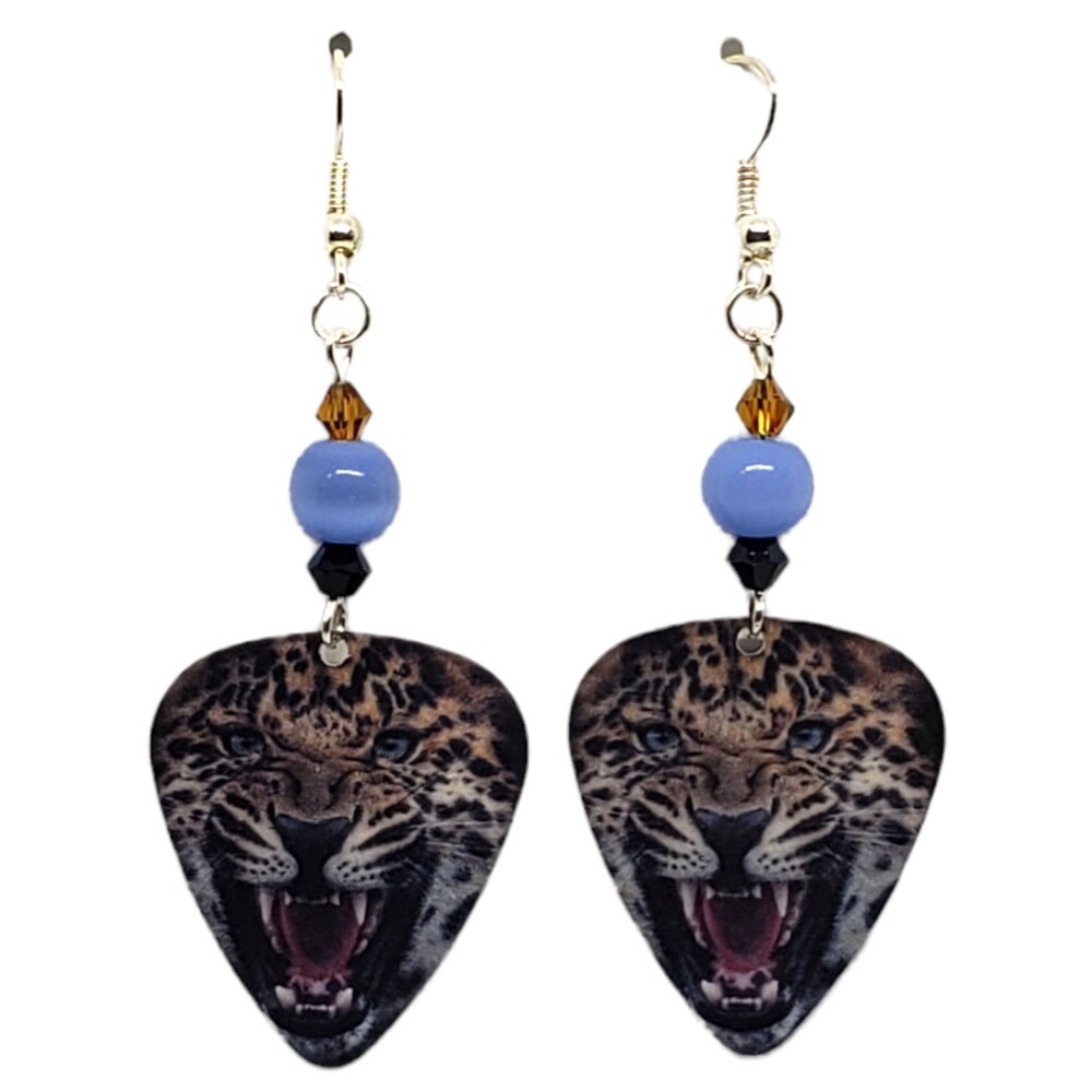 Leopard Cat Face on Guitar Pick Beaded Earrings - Handmade in USA Clearance Sale